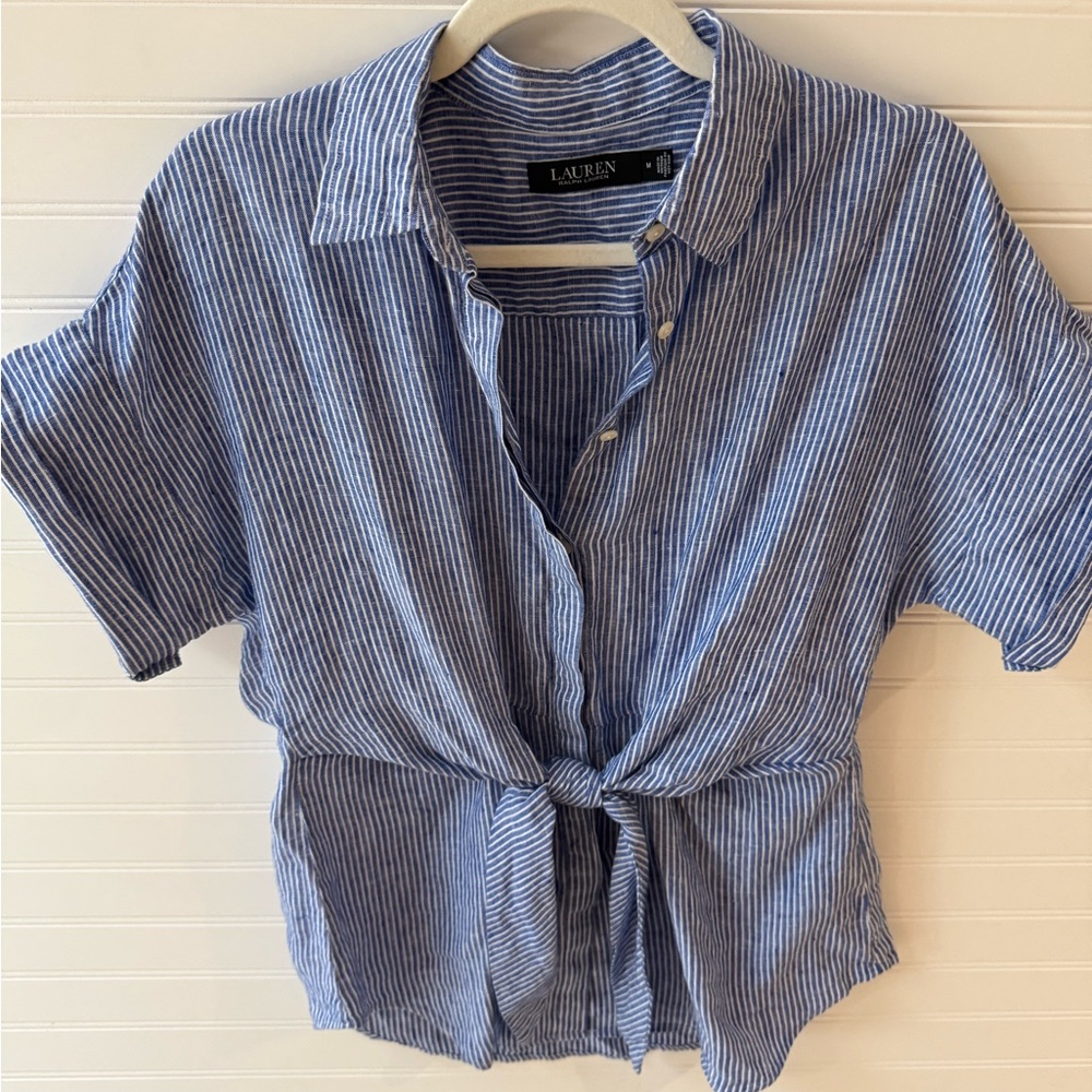 Ralph Lauren Blue Striped Tie-Front Shirt